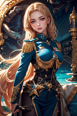 Create an image of a female character in a futuristic military uniform, with long, silky golden hair in gentle waves down to her waist. Her large, luminous amber eyes should be framed by delicate lashes, with porcelain-like skin and a hint of blush on her cheeks. The uniform should be deep ocean blue with bright golden touches and distinctive badges on the shoulders to highlight her position. Her left hand should be delicately supporting a realistic globe, showcasing her protective yet firm demeanor. The backdrop should be a blend of soft and technological elements, reflecting her dual nature of tenderness and determination. The art style should be in the aesthetic of high-detail anime, with a vertical aspect ratio.