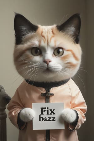 Realistic photograph of a cat in comically ill fitting peach-costume-, (holding sign with text ), in the style of, meticulous details, ultimate photo-realistic, still life, (holding sign that reads "fix buzz plz" ), david teniers the younger, charming character illustrations, use of screen tones, 32k, subsurface scattering, Photo realism, Hyper-realistic, analog style, realistic, film photography, soft lighting, heavy 