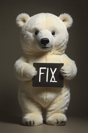 Realistic photograph of a baby polar bear in comically ill fitting bee-costume, (holding sign with text ), in the style of, meticulous details, ultimate photo-realistic, still life, (holding sign that reads "fix buzz plz" ), david teniers the younger, charming character illustrations, use of screen tones, 32k, subsurface scattering, Photo realism, Hyper-realistic, analog style, realistic, film photography, soft lighting, heavy shadow,full body