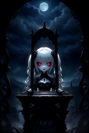 (masterpiece,ultra detailed,high-quality,8k,professional,UHD,)Gothic theme, dark theme, gothic makeup,hair ornaments, long white hair,(blunt  bangs, curly hair,twin ponytails),red eyes,ruby-like eyes , A  girl,, Chinese (white porcelain) doll with a cracked face and limbs ,Operating the guillotine,evil eyes, black goth dress, haunting lighting effect, detailed, cinematic, atmospheric, digital painting, eerie atmosphere, character design by Jasmine Becket-Griffith and Mark Ryden, gothic style, 4k resolution, (pale albino skin:1.4), (glass skin textures), (night:1.4), (dark:1.4), (moonlit:1.4), (dark skies:1.4)