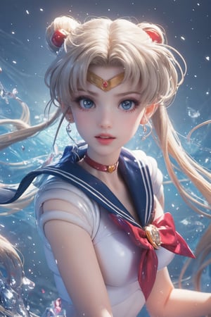 Masterpiece,Usagi Tsukino from Sailor Moon, (hair styled into two hair buns on the top of head, with twin tales swaying),double bun,（long, golden hair,）dynamic pose, (UHD, 8K wallpaper, High resolution), Cinematic lighting, award-winning, upper body shot, extremely  detailed skin, extra detailed face, high detail eyes,blue crystal big eyes,Sailor Moon clothing,, photo-realistic, Zeiss 85 mm F/1.4, sailor moon