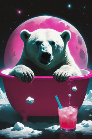 A polar bear Lying in a pink bathtub filled with ice cubes, body covered in ice cubes, holding a drink in hand ,
Take a leisurely bath,on the moon.  Behind the polar bear , there's a galactic pink view of Earth from space, with the planet appearing to be exploding. The vastness of space is filled with stars, explosion fragments, and the moon's surface is dotted with rocks and craters., photo,full body,long shot, wide angle