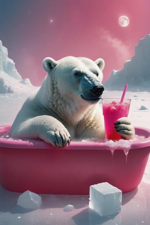 wide angle,Long distance shot, side view of the body ,The polar bear is lying sideways in a bathtub full of ice cubes, holding a pink drink in its hand.Ice covered his body,
on the moon, photo,Sad and lonely atmosphere