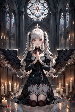 (masterpiece,ultra detailed,high-quality,8k,professional,UHD,)Gothic theme, dark theme, gothic makeup,hair ornaments, long white hair,(blunt  bangs, curly hair,twin ponytails),red eyes,ruby-like eyes , full body shot,Big black wings, fallen angel, candle, kneeling, hands in prayer pose, side view, church, artistic composition, golden ratio,oil painting