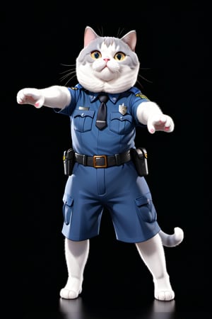 British Shorthair blue and white cat, standing like a human ,with hands outstretched, front view, cat in police officer costume, studio light style photographic portrait, black background, high resolution photo