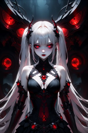 (masterpiece,ultra detailed,high-quality,8k,professional,UHD,)Gothic theme, dark theme, gothic makeup,hair ornaments, long white hair,(blunt  bangs, curly hair,twin ponytails),red eyes,ruby-like eyes , A  girl,, albino demon princess,  evil mechanical body exudes an eerie beauty. Her pale skin contrasts with her intricate, dark, metallic limbs and torso, adorned with sinister gears and glowing red eyes. This chillingly beautiful figure commands a presence that is both mesmerizing and terrifying.,sad, mechanical arms,helicopter