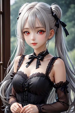 (photorealistic:1.4), (masterpiece, sidelights, exquisite gentle eyes), (character focus,face focus,close to viewer,portrait,masterpiece) ,anime colored,,cute face、 3D face,,(white hair,twintails,long hair),(1 girl),standing,(red eyes),(upper body:1.5),(gothic black lace dress:1.5),blush、hair ribbon、 (cute face),(light smile:1.5),Gentle face,(gradient background:1.5)、(glowing eyes)、 neat and clean、adorable、Slim Body,(tareme:1.5),,shiny hair, shiny skin,niji,manga,From Behind,xxmix_girl