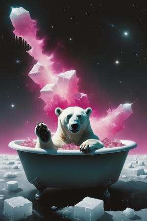 wide angle,Long distance shot, side view of the body ,The polar bear is lying sideways in a bathtub full of ice cubes, with its feet stretched out in the air and holding a pink drink in its hand.Ice covered his body,
on the moon,.there's a galactic pink view of Earth from space, with the planet appearing to be exploding. The vastness of space is filled with stars, explosion fragments, photo,