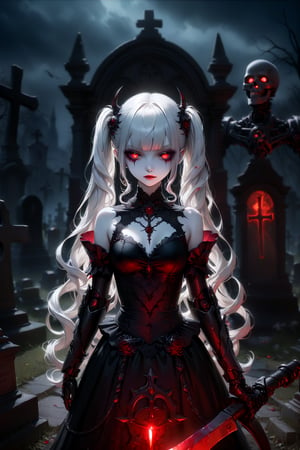 (masterpiece,ultra detailed,high-quality,8k,professional,UHD,)Gothic theme, dark theme, gothic makeup,hair ornaments, long white hair,(blunt  bangs, curly hair,twin ponytails),red eyes,ruby-like eyes , A  girl,, albino demon princess,  evil mechanical body exudes an eerie beauty. Her pale skin contrasts with her intricate, dark, metallic limbs and torso, adorned with sinister gears and glowing red eyes. This chillingly beautiful figure commands a presence that is both mesmerizing and terrifying.,sad, mechanical arms,cemetery,
Split the tombstone with an ax