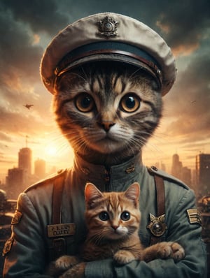 Create an image of an individual in a pilot uniform and a pilot hat, holding a cat with big eyes. The setting should have soft, cool-toned colors, capturing the essence of elegance and companionship between individual and pet.
