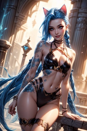 masterpiece,best quality,ultra-detailed,High detailed,Jinx,blue hair,long hair, long twin braids,Double ponytail braid,upper body shot,dynamic pose,Laugh wildly,solo,looking at viewer,hugging a cat,
picture-perfect face,blush,(nymph),(perfect female body,slim thicc),tall,long legs,slim calfs,long legs,(thigh gap),(blue hair),goddess,charming, alluring,seductive,enchanting,makeup, fantasy,nature,pure,serene,supernatural beauty,
more detail XL,ani_booster,JinxLol,jinx (league of legends)