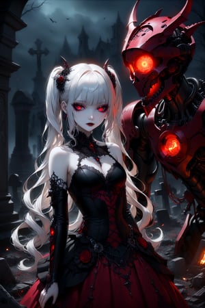 (masterpiece,ultra detailed,high-quality,8k,professional,UHD,)Gothic theme, dark theme, gothic makeup,hair ornaments, long white hair,(blunt  bangs, curly hair,twin ponytails),red eyes,ruby-like eyes , A  girl,, albino demon princess, with an evil mechanical body exudes an eerie beauty. Her pale skin contrasts with her intricate, dark, metallic limbs and torso, adorned with sinister gears and glowing red eyes. This chillingly beautiful figure commands a presence that is both mesmerizing and terrifying.,sad, mechanical arms,excavator, cemetery