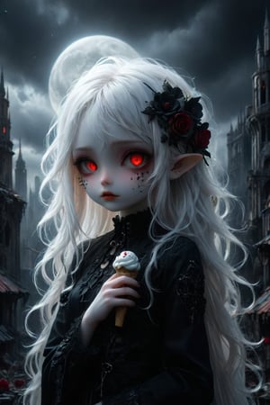 A cybernetic gothic girl ,a ruined cityscape,very long white hair flowing in the wind . red eyes glow like red rubies,  The full moon ,chibi doll,holding a ice cream,black roses