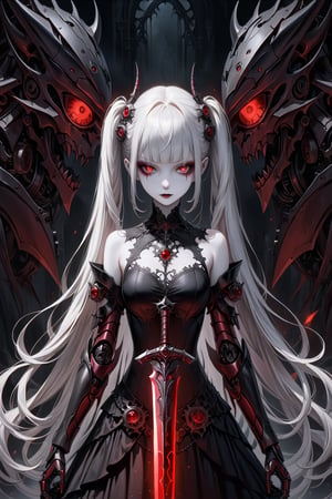 (masterpiece,ultra detailed,high-quality,8k,professional,UHD,)Gothic theme, dark theme, gothic makeup,hair ornaments, long white hair,(blunt  bangs, curly hair,twin ponytails),red eyes,ruby-like eyes , A  girl,, albino demon princess,  evil mechanical body exudes an eerie beauty. Her pale skin contrasts with her intricate, dark, metallic limbs and torso, adorned with sinister gears and glowing red eyes. This chillingly beautiful figure commands a presence that is both mesmerizing and terrifying.,sad, mechanical arms,Holding a big sword in both hands, 