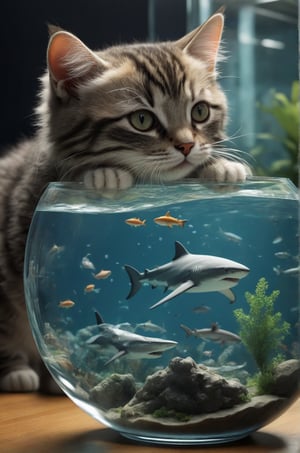 Extremely realistic, high-definition, super detailed,little cat,A real cute cat,
Aquarium, a cat watches a large shark through glass