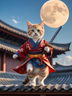 long shot of character, movie style, on the tile roof,a cute kitten((sword in hand, flying forward, feet off the roof)), wearing ancient Chinese robe, flowing robe, bright moon in the sky, Chinese martial arts style,Cinematic Lighting,
 (Masterpiece, award-winning work) many details, extremely meticulous, high quality,  real photo shot, art composition,more detail XL,,,<lora:659095807385103906:1.0>