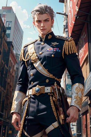 Create an image of a male character in a futuristic military uniform, with sleek silver-gray hair styled tightly to his head, piercing deep blue eyes, and pale complexion. He should have an authoritative stance, wearing a dark navy uniform with bright golden buttons and insignias indicating a high rank, complemented by a black tactical belt and epaulettes. His build is strong, exuding leadership and warrior resilience, and he is gripping a futuristic pistol in his right hand. The character should be positioned against a gritty, futuristic backdrop, capturing the essence of a determined and strategic military leader. The art style should be in the aesthetic of high-detail anime, with a vertical aspect ratio.