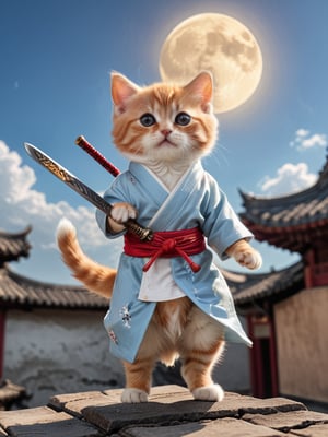 Cinematic Lighting,long shot of character, movie style, on the tile roof,a cute kitten((sword in hand, flying forward, feet off the roof)), wearing ancient Chinese robe, flowing robe, bright moon in the sky, Chinese martial arts style,
 (Masterpiece, award-winning work) many details, extremely meticulous, high quality,  real photo shot, art composition,more detail XL,,<lora:659095807385103906:1.0>