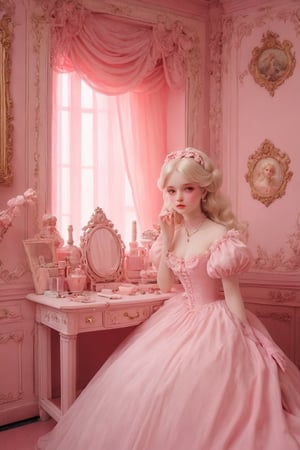 (white porcelain)  doll，A blonde female character, dressed in pink, sits in an indoor environment filled with pink tones. Her clothing design has a retro element, and the bow decoration on her head adds a bit of cuteness. The room is decorated with cosmetics, perfume bottles and other delicate little objects, and the overall atmosphere is elegant and dreamy. - Depict a female character with classical beauty. - The main color of the environment is pink, creating a warm and romantic feeling. - Pay attention to details, such as clothing folds, makeup, etc. - Try to add some symbolic objects to enrich the picture content (such as mirrors, jewelry boxes, etc.). , Mucha，haunting lighting effect, detailed, cinematic, 