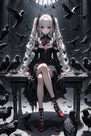 (masterpiece,ultra detailed,high-quality,8k,professional,UHD,)Gothic theme, dark theme, gothic makeup,hair ornaments, long white hair,(blunt  bangs, curly hair,twin ponytails),red eyes,ruby-like eyes , full body shot,Sit on the table, cross legs, Raise an arm, and a crow lands in the palm of your hand, surrounded by black crows,
side shot