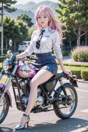 (masterpiece), (best quality),(ultra-detailed),(illustration),(extremely detailed),(perfect anatomy),(super detailed skin),(detailed),(beautiful detailed eyes),1girl,solo,ridding a motorcycle,Hands,pink hair,very long hair,curly hair,blue eyes,(school uniform), (white shirt),black tie, skir,slender figure,long legs,black high heels, eyebrows, sideways glance, light smile,sea,seaside road,photorealistic,full-body shot,long shot