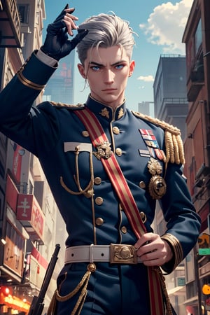 Create an image of a male character in a futuristic military uniform, with sleek silver-gray hair styled tightly to his head, piercing deep blue eyes, and pale complexion. He should have an authoritative stance, wearing a dark navy uniform with bright golden buttons and insignias indicating a high rank, complemented by a black tactical belt and epaulettes. His build is strong, exuding leadership and warrior resilience, and he is gripping a futuristic pistol in his right hand. The character should be positioned against a gritty, futuristic backdrop, capturing the essence of a determined and strategic military leader. The art style should be in the aesthetic of high-detail anime, with a vertical aspect ratio.