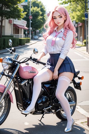 (masterpiece), (best quality),(ultra-detailed),(illustration),(extremely detailed),(perfect anatomy),(super detailed skin),(detailed),(beautiful detailed eyes),1girl,solo,ridding on a motorcycle,pink hair,very long hair,curly hair,blue eyes,(school uniform), (white shirt),tie, skirt,thighhighs,long legs,curvy, eyebrows, sideways glance, light smile,seaside road,photorealistic,full-body shot,long shot