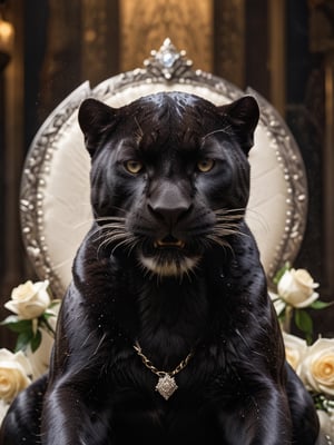 cinematic lighting,A Black panther,Wearing a European royal diamond crown and lying on the throne ,White rose in mouth,The contrast between light and dark highlights the image of the black panther,full body,long shot,
 (Masterpiece, award-winning work) many details, extremely meticulous, high quality,  real photo shot, art composition,more detail XL,,,<lora:659095807385103906:1.0>