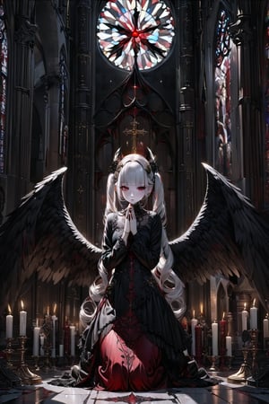 (masterpiece,ultra detailed,high-quality,8k,professional,UHD,)Gothic theme, dark theme, gothic makeup,hair ornaments, long white hair,(blunt  bangs, curly hair,twin ponytails),red eyes,ruby-like eyes , full body shot,fallen angel with Big black wings,  candle, kneeling, bowed head, hands in prayer pose, side view, church, artistic composition, golden ratio,