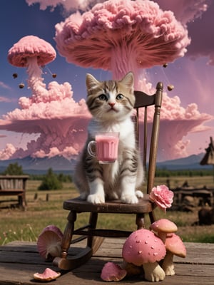 Film lighting,A cute kitten sits on an old-fashioned wooden rocking chair, leisurely holding a cup of pink drink. Behind the cat,  a huge mushroom cloud rises in the sky, Nuclear Bomb in the air,.long shot,
 (Masterpiece, award-winning work) many details, extremely meticulous, high quality,  real photo shot, art composition,more detail XL,,,<lora:659095807385103906:1.0>