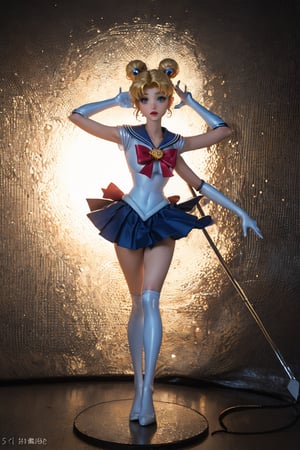 Masterpiece,Usagi Tsukino from Sailor Moon, (very long, golden hair,hair styled into two cute buns on the top of head, with long twin tales swaying),dynamic pose, (UHD, 8K wallpaper, High resolution), Cinematic lighting, award-winning, full body shot, extremely detailed skin, extra detailed face, high detail eyes,blue crystal big eyes,Sailor Moon clothing,photo-realistic, Zeiss 85 mm F/1.4, sailor moon