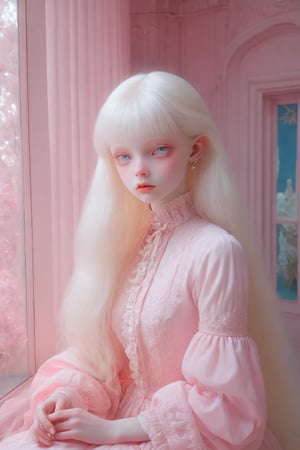 (white porcelain)  a doll , long blonde hair, blue eyes,  haunting lighting effect, detailed, cinematic, atmospheric, digital painting, 4k resolution, (pale albino skin:1.4), (glass skin textures),  dressed in pink, sits in an indoor environment filled with pink tones. Her clothing design has a retro elementhe , and the overall atmosphere is elegant and dreamy. The main color of the environment is pink