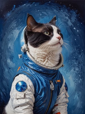 style. Oil Painting full size of a black and white cat wearing a space suit adn looking to the side, , blue background, , a lot of empty space, side profile,<lora:659095807385103906:1.0>