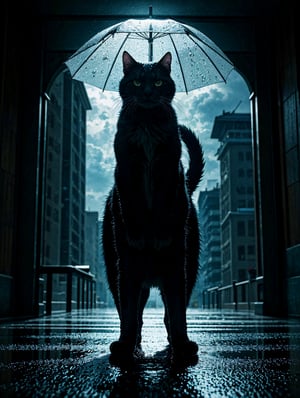 A cinematic masterpiece! A long shot captures the majestic scene: a colossal cat sprawled atop the Oriental Pearl Tower in Shanghai, umbrella in paw, as thunderstorms rage above and rain pours down. The cat's fur glistens with dew, while its eyes shine like polished onyx. In the background, city lights twinkle like diamonds. The framing emphasizes the tower's sleek curves, as a delicate balance of light and shadow defines the scene. Each strand of fur, each drop of rain, is meticulously rendered in high-definition, inviting the viewer to step into this extraordinary world.,<lora:659111690174031528:1.0>