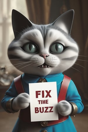 Realistic photograph of a cat in comically ill fitting Spades soldier in Alice in Wonderland-costume-, (holding sign with text ), in the style of, meticulous details, ultimate photo-realistic, still life, (holding sign that reads "fix buzz plz" ), david teniers the younger, charming character illustrations, use of screen tones, 32k, subsurface scattering, Photo realism, Hyper-realistic, analog style, realistic, film photography, soft lighting, heavy shadow