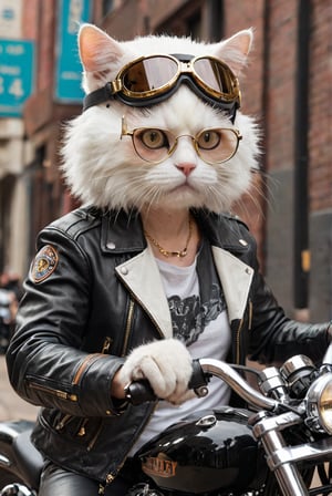 future technology,science fiction,streamlined construction,internal integrated circuit,driver's helmet,cat, (cat face),white fur, short fur, gold-rimmed glasses, audience-oriented,whiskers, cool, driving a Harley, dressed with leather jacket and pants 