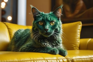 score_9, score_8_up, score_7_up (masterpiece, best quality),1 cat,  glistening_skin, solo, blue eyes, glasses, tigrated dark green hair , ultra realistic, elungated on the back in a yellow leather sofa. Zoom view on cat 