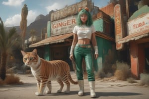 Against the majestic backdrop of an abandoned restaurant in the mexicandesert, a stunning Californian green hair woman, 55 years old, stands behind a tigrated green cat. She's dressed in form-fitting white T-shirt with vibrant text reading 'Ginger' and dark holographic pant. Tall, Fit body clad in mexican hat and boots, she holds an automatic gun at her side. The grand angle captures the side view from 10 meters away, showcasing ultra-realistic details in a masterpiece-quality photoshoot with a high-resolution, 8k finish
