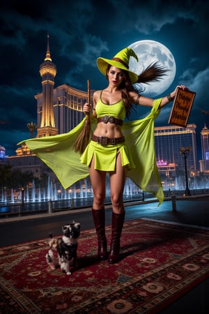 Night. Las Vegas, the Strip, Bellagio palace fountains in background . Halloween style. Full moon. Intense Starry sky. An astonishing scandalous scandinavian cyberpunk female witch, slim, tall, Fit body, bodybuilder, she wears a fluorescent green tiny micro-skirt, a dark red micro-bras, a yellow hat with a brown band around the brim, handcuffs hanging on her belt . Orange painted lips. Big witch broom in her left hand, She's flying on a Persian carpet three meters above the ground while holding a wood panel on her right hand with the text "Happy Monday". A tuxedo black and white cat, a tiny Chihuahua are standing closed to her feets gazing at the camera. Astonishing detailed scenery, inspiring mystery, realistic, hyper-detailed, high luminosity, high_resolution, high quality, professional photo shoot. 