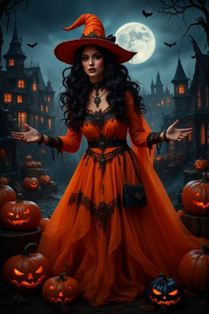 Halloween style. Night. City. Full moon. Beautiful witch in orange halloween costume. Witch hat. Halloween makeup. Halloween pumpkins. Realistic.