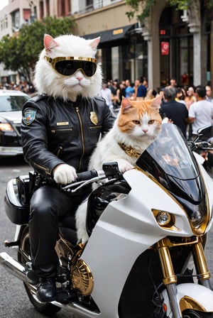 future technology,science fiction,streamlined construction,internal integrated circuit,driver's helmet,cat, (cat face),white fur, short fur, gold-rimmed glasses, audience-oriented,whiskers, cool, driving a L.A. Cop motorbike escorting a black long limousine , dressed with a cop leather jacket and pants. The car is surrounded by a large crowd  