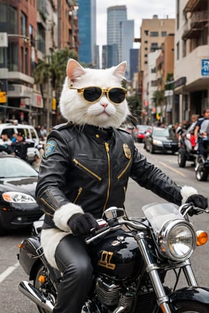future technology,science fiction,streamlined construction,internal integrated circuit,driver's helmet,cat, (cat face),white fur, short fur, gold-rimmed glasses, audience-oriented,whiskers, cool, driving a L.A. Cop motorbike, escorting a black limousine , dressed with a cop leather jacket and pants 