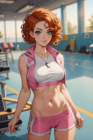 score_9,score_8_up,score_7_up,(hyperrealism:1.3),cute girl,hot body,round breasts,(pink sports tight shorts:1),(white sports cropped tshirt,jacket:1),smirk,(simple necklace,smartwatch,navel piercing,small earrings),(redhead curly shortbob hair:1),(hair covering one eye:0.8),(shade dark green eyes),(depth of field,bokeh,chiaroscuro),(cameltoe:0.7),(erected hard nipples:0.8),shaved crotch,(makeup,eyelashes,eyeliners,eyeshadows,lips:0.8)