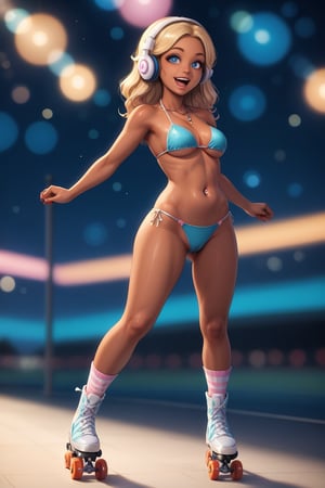 score_9,score_8_up,score_7_up,(hyperrealism:1.3),cute girl rollerskating in beach walk,roller,rollerskate shoes,rollerskate boots,rollerskates,long colorful socks,dynamic pose,hot body,medium round breasts,looking away,view from below,cowboy_shot,medium round butt,(black micro bikini,rollers,pink and white headphones:1.1),sweating,(tanned skin,dark tan skin,bright skin,glossy skin),(freckles,moles:0.8),(agressive expression,open eyes,smile,open mouth),(simple necklace,white smartwatch,navel piercing),(braids blonde hair:1.1),(shade pale blue eyes),(depth of field,bokeh,chiaroscuro),(erected hard nipples:0.8),(cameltoe:0.9),(makeup,eyelashes,eyeliners,eyeshadows,lips:0.8),more detail XL,score_6_up,hyper real extra effect add 