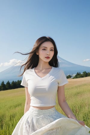 Best quality, solo,28 year old full body busty girls (Angelababy) , Comfortable to wear short sleeve t-shirt, the a strong wind blowing her hair and the hem of her skirt, Standing in the vast grassland with Mt. Fuji in the distance, the sun shone brightly and clearly, huge_boobs, Canon R6 23mm f1.4 , eyeshadow, long eyelashes, (messy hair:0.6), long black hair, sexy post,Extremely realistic, film photography aesthetic, dynamic composition, skin texture, sharp focus, hard shadows,hubggirl