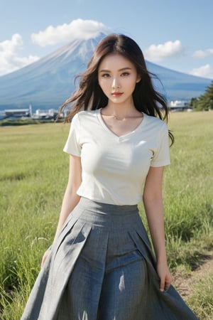 Best quality, solo,28 year old full body busty girls (Angelababy) , Comfortable to wear short sleeve t-shirt, the a strong wind blowing her hair and the hem of her skirt, Standing in the vast grassland with Mt. Fuji in the distance, the sun shone brightly and clearly, huge_boobs, Canon R6 23mm f1.4 , eyeshadow, long eyelashes, (messy hair:0.6), long black hair, sexy post,Extremely realistic, film photography aesthetic, dynamic composition, skin texture, sharp focus, hard shadows,hubggirl