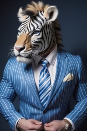 strong man wearing lion head cap
Suit with zebra stripes.
Tie blue.
muscular figure.
cigarette in hand 