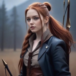 Laura Craft
Long red hair tied up in a ponytail with loose strands falling around her face
Dark blue eyes and sharp features
A brown jacket and leather boots
A bow and quiver of arrows
A sword or other pointy weapon
A mysterious or adventurous atmosphere
