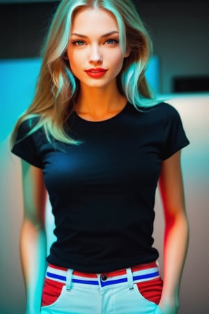 Long Legged female.
Head: Light blond and brown hair.
she has a smirk on her face and the most beautiful lips. her lips are light red.
Body perfect c cups breasts.
Body slender but not fat.
wearing a black t shirt and light blue and white pants.
the has short white shocks and white sneakers with blue stripe on.
