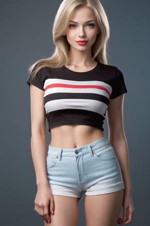 Long Legged female.
Head: Light blond and brown hair.
she has a smirk on her face and the most beautiful lips. her lips are light red.
Body perfect c cups breasts.
Body slender but not fat.
wearing a black t shirt and light blue and white pants.
the has short white shocks and white sneakers with blue stripe on.
